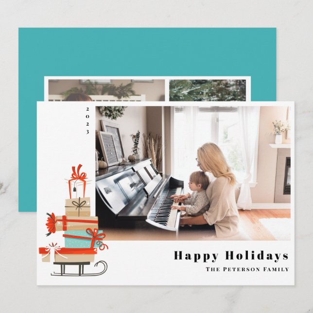 Mid-Century Modern Illustrated Christmas Sled Holiday Card (Front/Back)