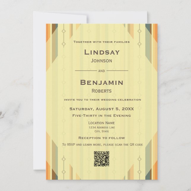 Mid-century Modern Inspired w/ QR Code Wedding Invitation (Front)