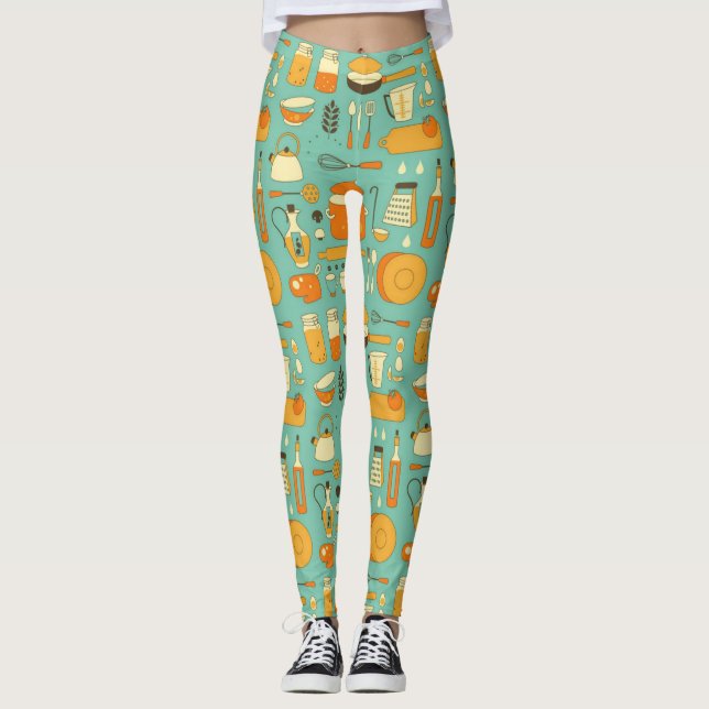 Mid-Century Modern Kitchen Utensils Cool Retro Leggings (Front)