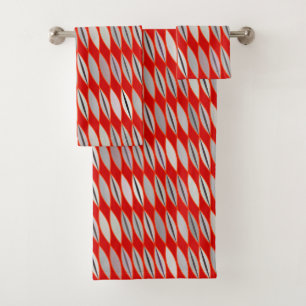 Mid Century Modern Leaves, Dark Red & Grey / Grey Bath Towel Set