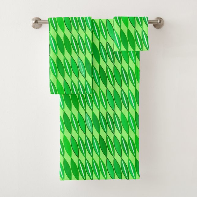 Mid Century Modern Leaves,  Lime and Emerald Green Bath Towel Set (Insitu)