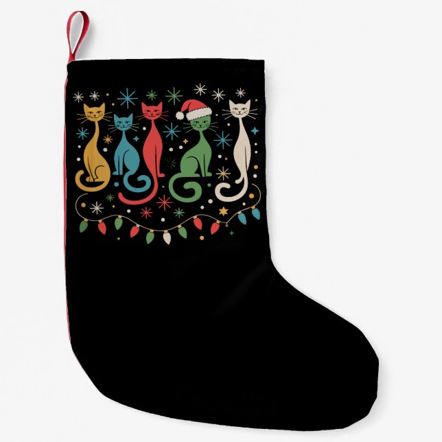 Mid Century Modern Look Cats Xmas Retro 50s 60s Small Christmas Stocking (Front)