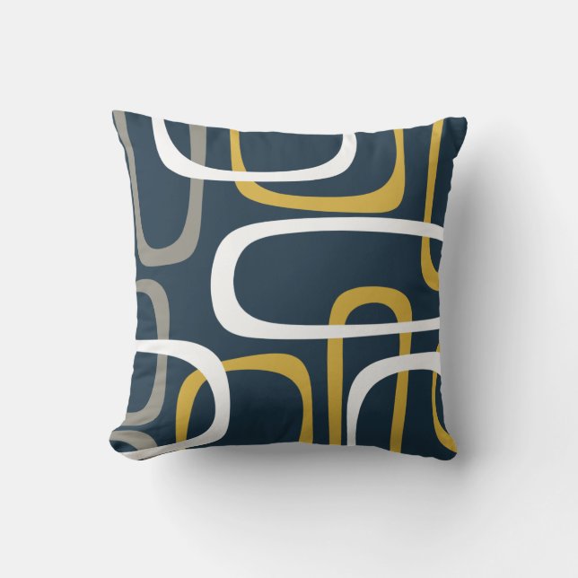 Mid-Century Modern Loops Pattern Mustard Navy Blue Cushion (Front)