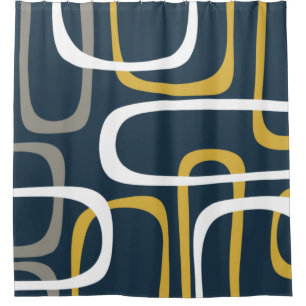 Mid-Century Modern Loops Pattern Navy Blue Mustard Shower Curtain