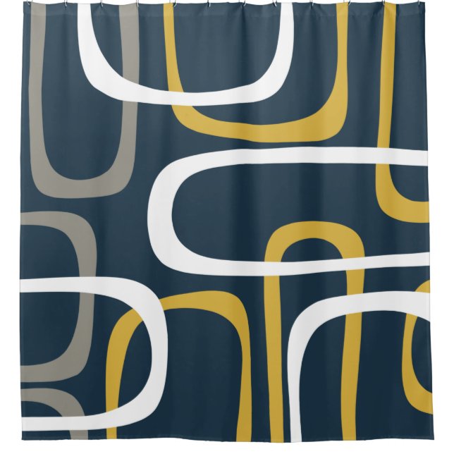 Mid-Century Modern Loops Pattern Navy Blue Mustard Shower Curtain (Front)