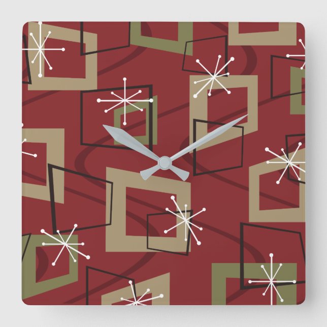 Mid Century Modern Maroon Square Wall Clock (Front)