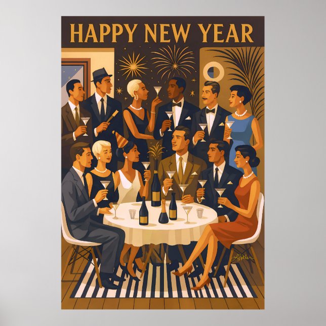 Mid Century Modern Martini Intellectuals New Year Poster (Front)