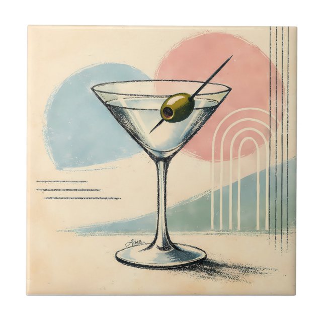 Mid Century Modern Martini Pastel Minimalist Art Tile (Front)