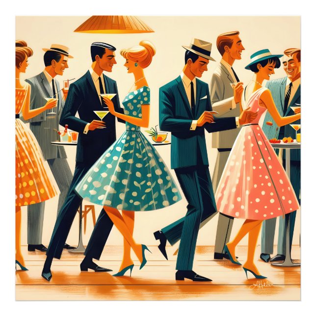 Mid Century Modern Martinis Dancing Cocktail Party Photo Print (Front)