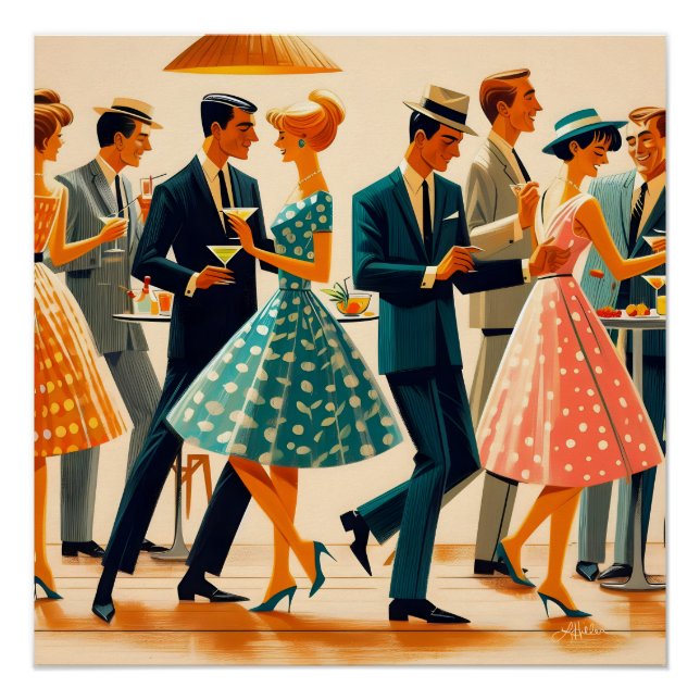Mid Century Modern Martinis Dancing Cocktail Party Poster (Front)