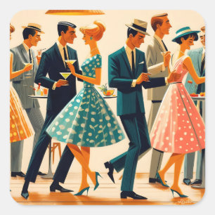 Mid Century Modern Martinis Dancing Cocktail Party Square Sticker