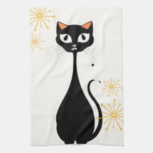 Mid Century Modern MCM Cool Black Cat Tea Towel