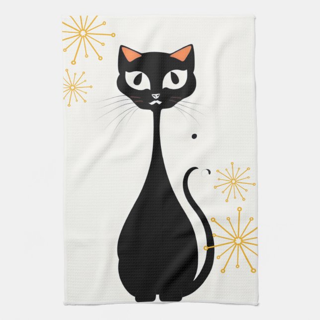 Mid Century Modern MCM Cool Black Cat Tea Towel (Vertical)