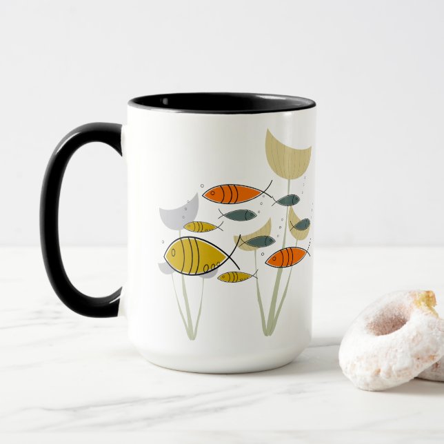 Mid Century Modern MCM Retro Fish Swimming Plants Mug (With Donut)