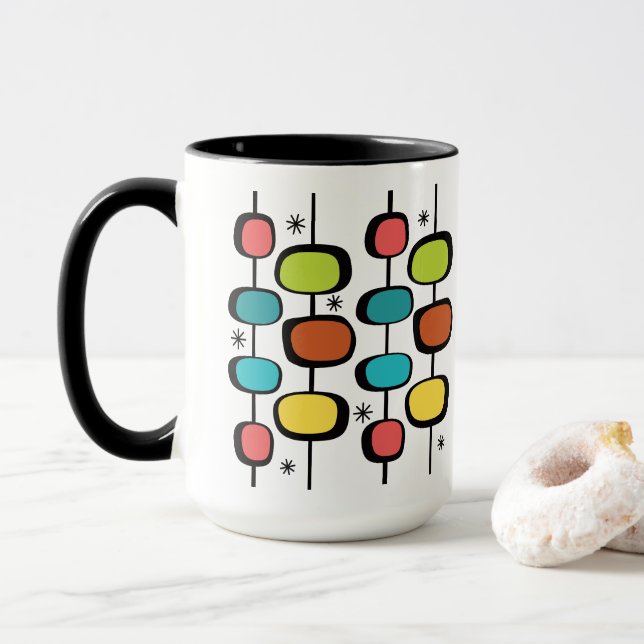 Mid Century Modern MCM Retro Ovals Stars Pattern Mug (With Donut)