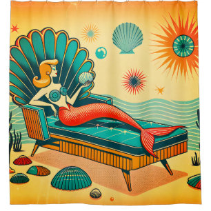 “Mid-Century Modern Mermaid - Vibrant Retro Art” Shower Curtain