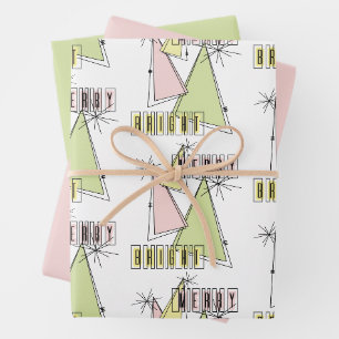 Mid-Century Modern Merry & Bright Set of Holiday Wrapping Paper Sheet