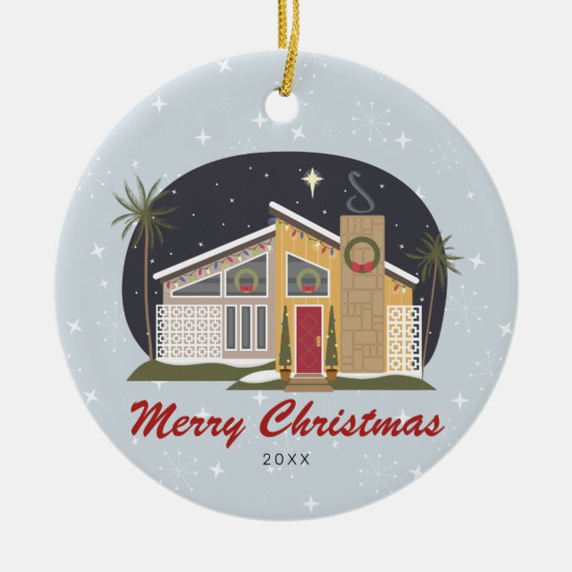 Mid Century Modern Merry Christmas House Ceramic Tree Decoration (Front)