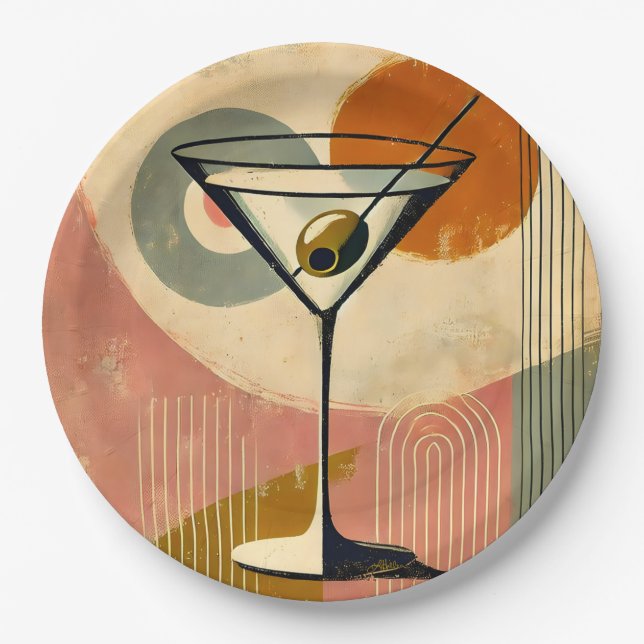 Mid Century Modern Minimalist Art Martini Paper Plate (Front)