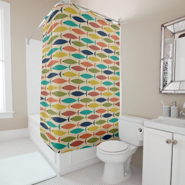 Mid Century Modern Multicolor Fish Pattern Shower Curtain (In Situ)