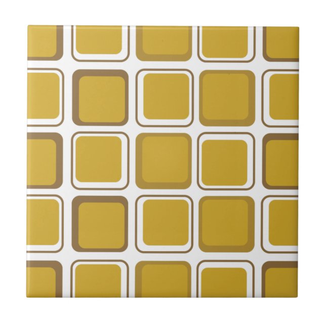 Mid-Century Modern Mustard Gold Square Pattern Cer Tile (Front)
