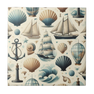 Mid Century Modern Nautical Ships Tile