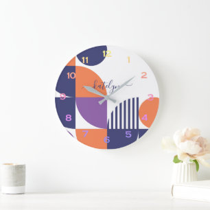 Mid Century Modern Navy-blue Blush Orange Pattern Large Clock