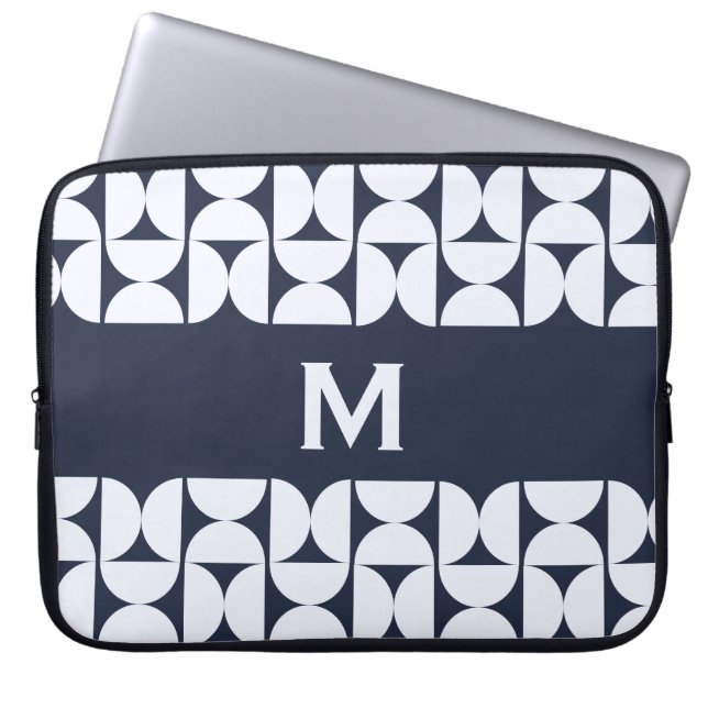 Mid-Century Modern Navy Geometric Laptop Sleeve (Front)