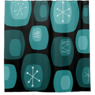 Mid Century Modern Oblongs Black Teal Shower Curtain