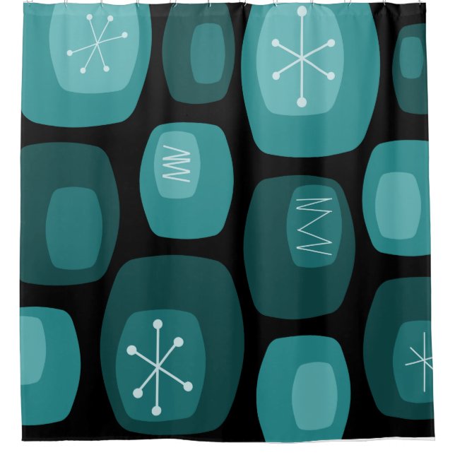 Mid Century Modern Oblongs Black Teal Shower Curtain (Front)