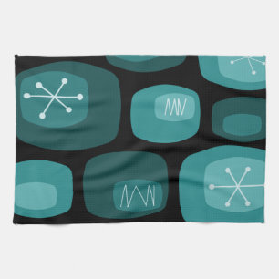 Mid Century Modern Oblongs Black Teal Tea Towel