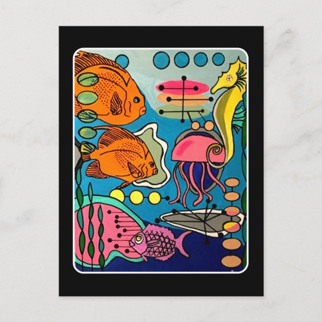 'Mid-Century Modern Ocean Aquatic' painting on a Postcard (Front)