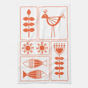 Mid Century Modern Orange Bird, Fish and Flowers K Tea Towel