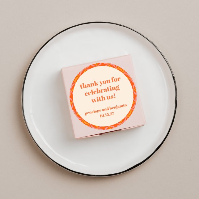 Mid Century Modern Orange Custom Wedding Thank You Classic Round Sticker (Creator Uploaded)
