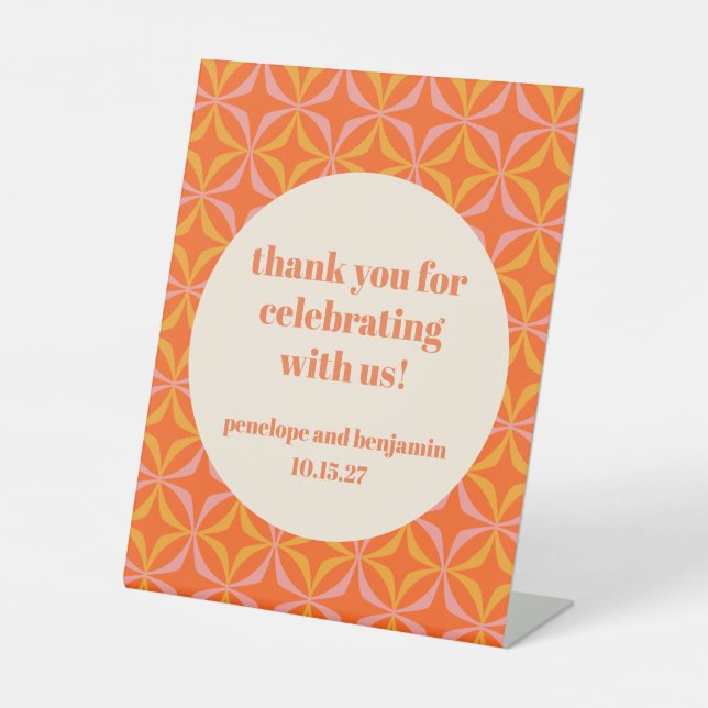 Mid Century Modern Orange Custom Wedding Thank You Pedestal Sign (Front)
