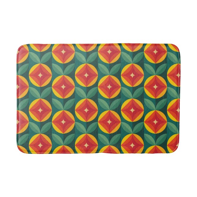 Mid Century Modern Orange Floral Pattern Bath Mat (Front)