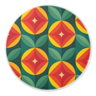Mid Century Modern Orange Floral Pattern Ceramic Knob