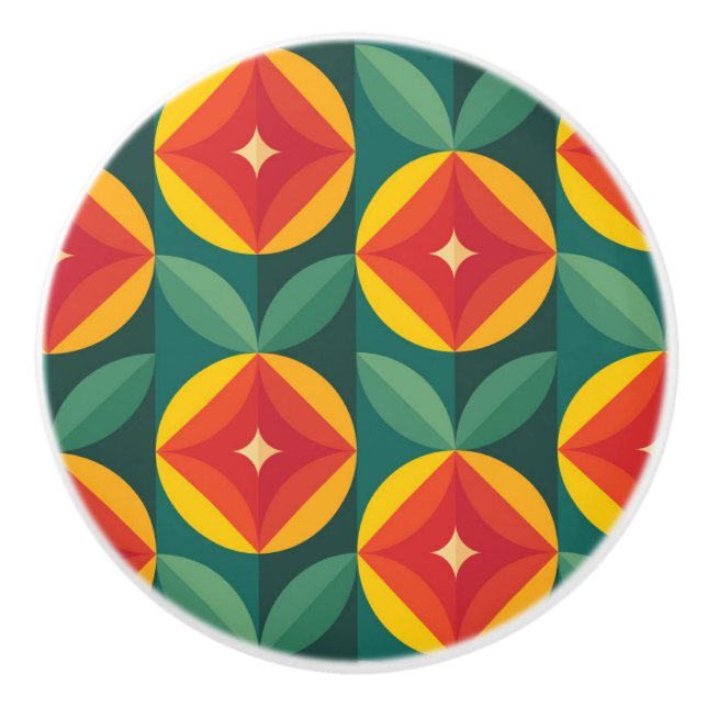 Mid Century Modern Orange Floral Pattern Ceramic Knob (Front)