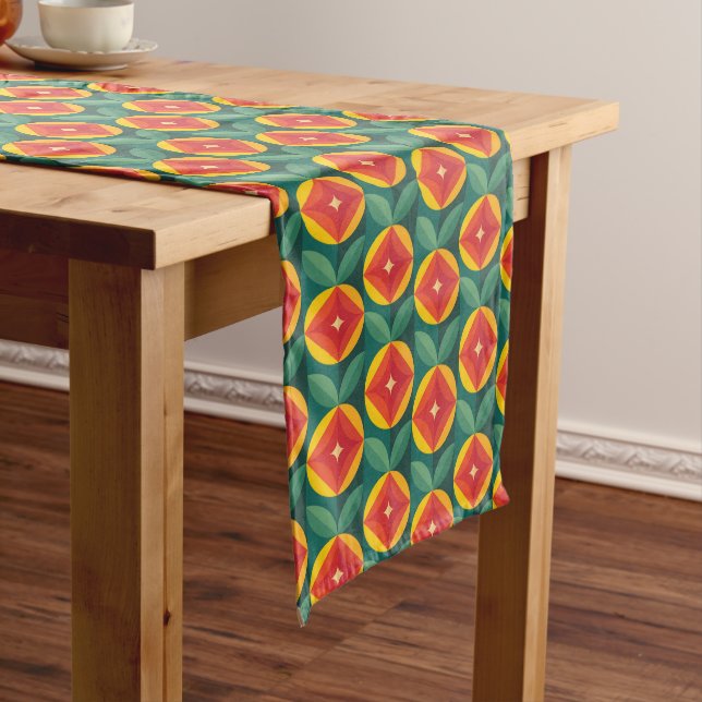 Mid Century Modern Orange Floral Pattern Medium Table Runner (In Situ)