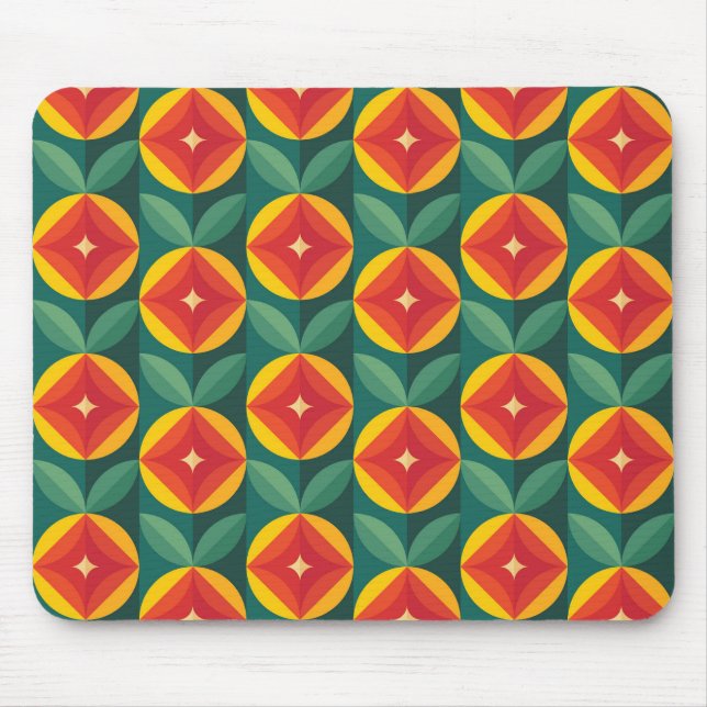 Mid Century Modern Orange Floral Pattern Mouse Mat (Front)