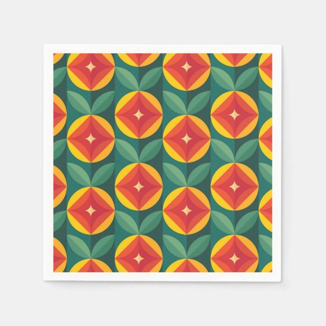 Mid Century Modern Orange Floral Pattern Napkin (Front)