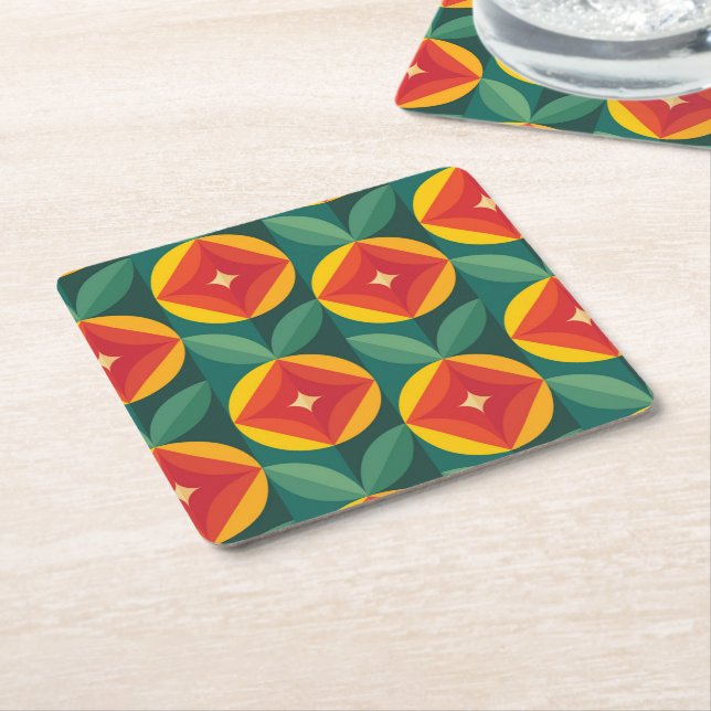 Mid Century Modern Orange Floral Pattern Square Paper Coaster (Angled)
