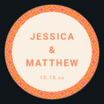 Mid Century Modern Orange Geometric Custom Wedding Classic Round Sticker<br><div class="desc">This wedding sticker features a retro geometric pattern border in pink and orange with couple's names and wedding date. For wedding favors,  envelope seals,  gift tags,  or thank you notes.</div>