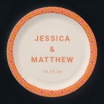 Mid Century Modern Orange Geometric Custom Wedding Paper Plate<br><div class="desc">This personalised paper plate features a bold mid century modern geometric pattern in warm orange, pink, and yellow wrapping the rim, with the couple's names and wedding date centred on a cream background. The mod tile border brings a retro, vibrant energy that makes even the tableware feel intentional and design-forward....</div>