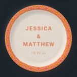 Mid Century Modern Orange Geometric Custom Wedding Paper Plate<br><div class="desc">This personalised paper plate features a bold mid century modern geometric pattern in warm orange, pink, and yellow wrapping the rim, with the couple's names and wedding date centred on a cream background. The mod tile border brings a retro, vibrant energy that makes even the tableware feel intentional and design-forward....</div>