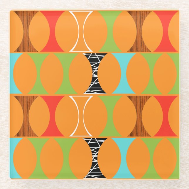 Mid Century Modern Orange Pattern Glass Coaster (Front)