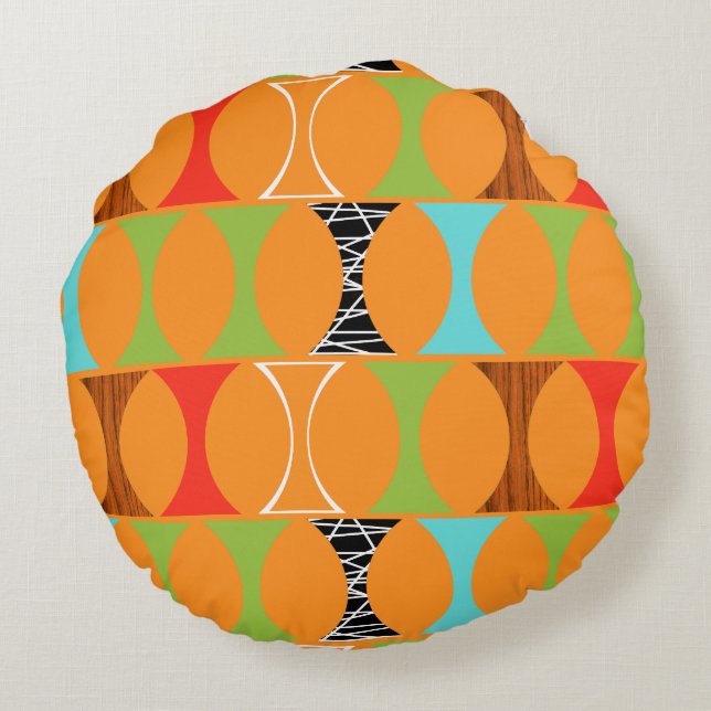 Mid Century Modern Orange Pattern Round Pillow (Back)