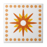 Mid-Century Modern Orange Starburst Design Tile<br><div class="desc">Mid-century modern inspired design features a vintage retro starburst in shades of orange and yellow on a white background, framed by a border of smaller starbursts. Simple, clean modern seamless design. Create your own custom pattern by using the fields provided, or use the "message" button to contact the designer for...</div>
