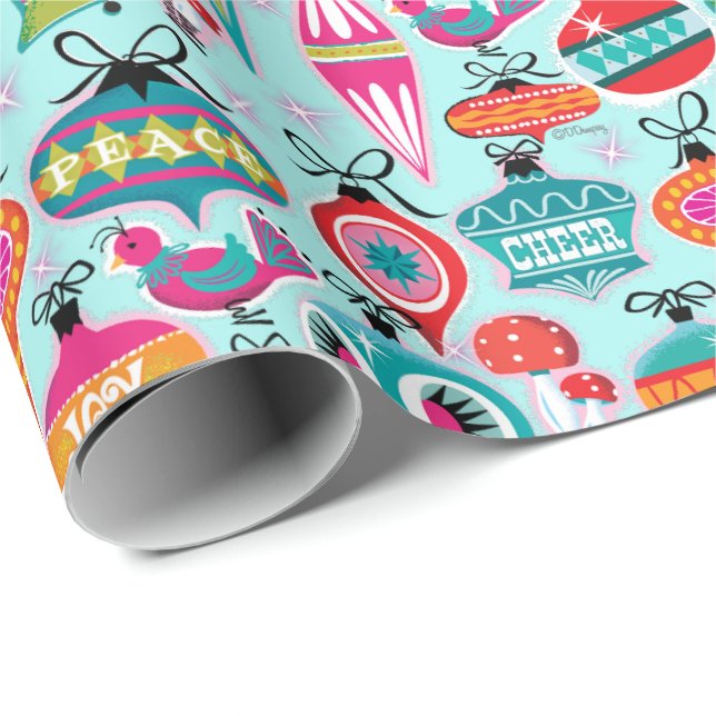 Mid-Century Modern Ornaments Christmas Blue Wrapping Paper (Roll Corner)