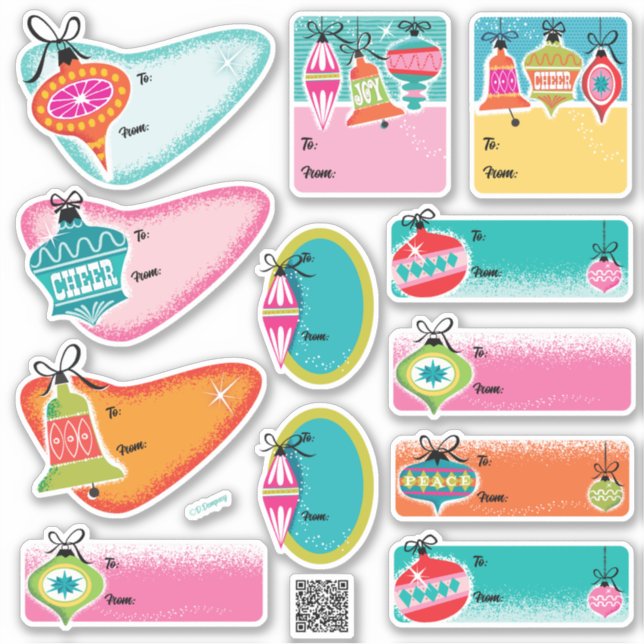 Mid-Century Modern Ornaments Christmas Gift Labels (Front)